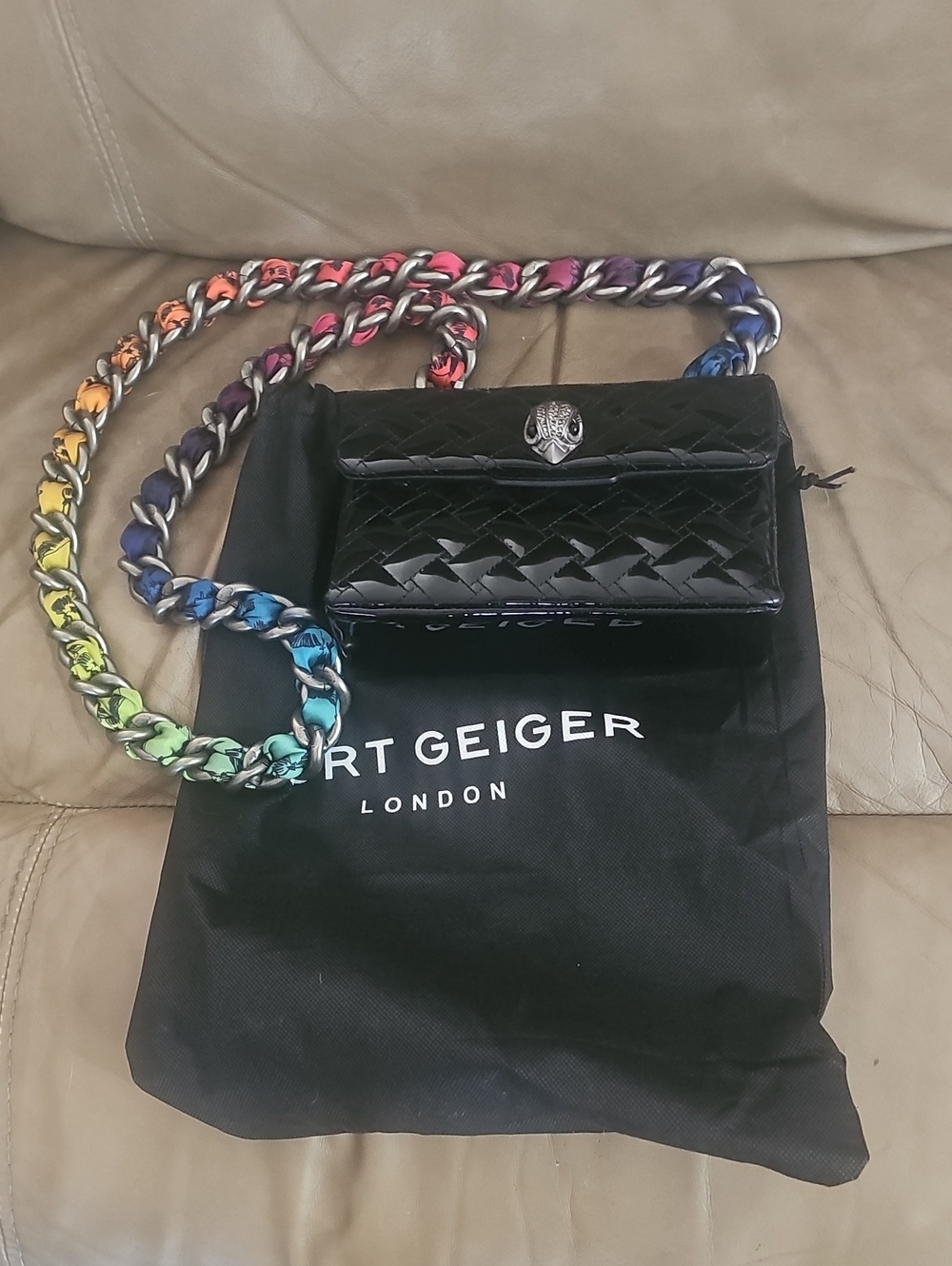 Kurt Geiger Black Patent Quilted Crossbody with Rainbow Chain Strap